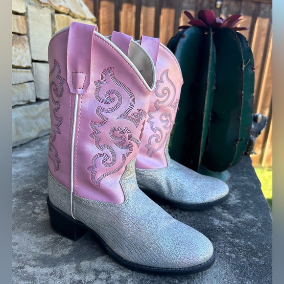 Old West Pink and silver glitter cowboy western kids Boots Sz-1. A - Picture 9 of 12